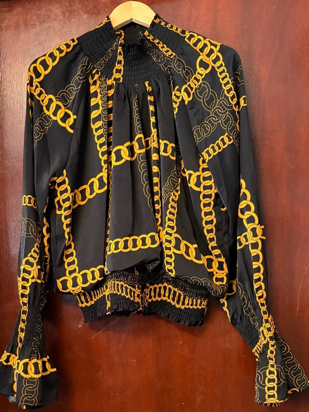 Women’s Gracia Black & Gold Chain Print Smocked Blouse - Picture 1 of 5